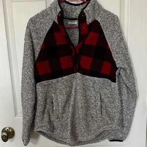 Maurices Heathered Gray and Red Checkered Sherpa Pullover